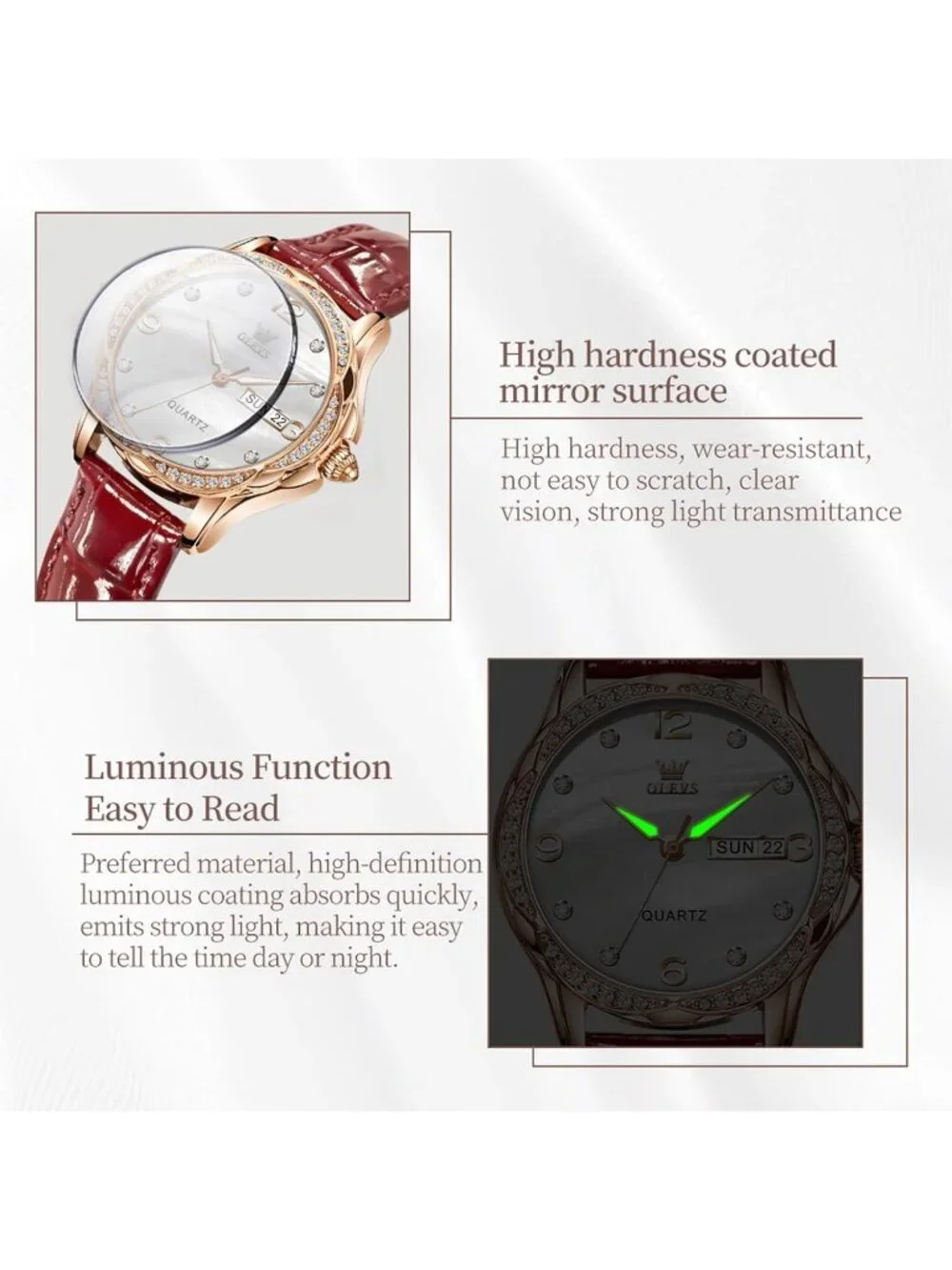 Women's Red-Leather Rose Gold Ceramic Two Tone Ladies Casual Watch Day Date Gift